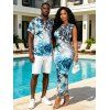 Vintage Vacation Couple Outfit Floral Tie Dye Leopard Print Ruched One Shoulder Bodycon Maxi Dress and Shirt Set - Bleu S | US 4