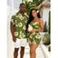 Vacation Couple Outfit Plumeria Floral Leaf Print Pocket Off the Shoulder Romper and Shirt Set - PLANT GREEN S | US 4
