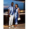 Hawaiian Vacation Couple Outfit Brush Ink Abstract Print Ruched One Shoulder Bodycon Dress and Shirt Set - Bleu S | US 4