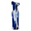 Hawaiian Vacation Couple Outfit Brush Ink Abstract Print Ruched One Shoulder Bodycon Dress and Shirt Set - Bleu S | US 4