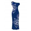 Vacation Dress White Line Art Large Floral Print Ruched One Shoulder Bodycon Dress - Bleu profond XXL | US 14