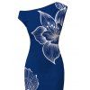 Vacation Dress White Line Art Large Floral Print Ruched One Shoulder Bodycon Dress - Bleu profond XXL | US 14