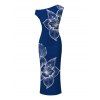 Vacation Dress White Line Art Large Floral Print Ruched One Shoulder Bodycon Dress - Bleu profond XXL | US 14