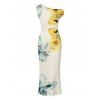 Vacation Dress Watercolor Bicolor Hibiscus Floral Print Ruched One Shoulder Bodycon Dress - Beige XXL | US 14
