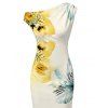 Vacation Dress Watercolor Bicolor Hibiscus Floral Print Ruched One Shoulder Bodycon Dress - Beige XXL | US 14