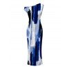 Hawaiian Vacation Dress Brush Ink Abstract Print Ruched One Shoulder Bodycon Dress - Bleu M | US 6