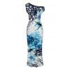 Vintage Vacation Couple Outfit Floral Tie Dye Leopard Print Ruched One Shoulder Bodycon Maxi Dress and Shirt Set - Bleu S | US 4
