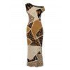 Vintage Couple Outfit Patchwork Leopard Spot Collage Print Ruched One Shoulder Bodycon Maxi Dress and Shirt Set - Café profond S | US 4