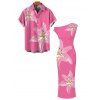 Vacation Couple Outfit Watercolor Lily Floral Print Ruched One Shoulder Bodycon Maxi Dress and Shirt Set - Rose Vif S | US 4