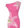 Vacation Couple Outfit Watercolor Lily Floral Print Ruched One Shoulder Bodycon Maxi Dress and Shirt Set - Rose Vif S | US 4