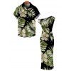 Vintage Hawaiian Couple Outfit Tropical Floral Banana Leaf Print Ruched One Shoulder Bodycon Dress and Shirt Set - Noir S | US 4