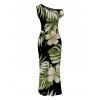 Vintage Hawaiian Couple Outfit Tropical Floral Banana Leaf Print Ruched One Shoulder Bodycon Dress and Shirt Set - Noir S | US 4