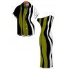 Vintage Couple Outfit Colorblock Art Fluid Curve Stripe Print Ruched One Shoulder Bodycon Maxi Dress and Shirt Set - Vert Armée S | US 4