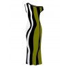 Vintage Couple Outfit Colorblock Art Fluid Curve Stripe Print Ruched One Shoulder Bodycon Maxi Dress and Shirt Set - Vert Armée S | US 4