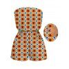 Vintage Couple Outfit Contrast Color Geometric Diamond Grid Print Pocket Off the Shoulder Romper and Shirt Set - Orange Foncé S | US 4