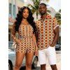 Vintage Couple Outfit Contrast Color Geometric Diamond Grid Print Pocket Off the Shoulder Romper and Shirt Set - Orange Foncé S | US 4