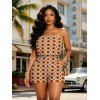Vintage Couple Outfit Contrast Color Geometric Diamond Grid Print Pocket Off the Shoulder Romper and Shirt Set - Orange Foncé S | US 4