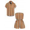 Vintage Couple Outfit Contrast Color Geometric Diamond Grid Print Pocket Off the Shoulder Romper and Shirt Set - Orange Foncé S | US 4