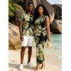 Vintage Hawaiian Couple Outfit Tropical Floral Banana Leaf Print Ruched One Shoulder Bodycon Dress and Shirt Set - Noir S | US 4