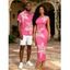 Vacation Couple Outfit Watercolor Lily Floral Print Ruched One Shoulder Bodycon Maxi Dress and Shirt Set - Rose Vif S | US 4