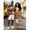 Vintage Couple Outfit Patchwork Leopard Spot Collage Print Ruched One Shoulder Bodycon Maxi Dress and Shirt Set - Café profond S | US 4
