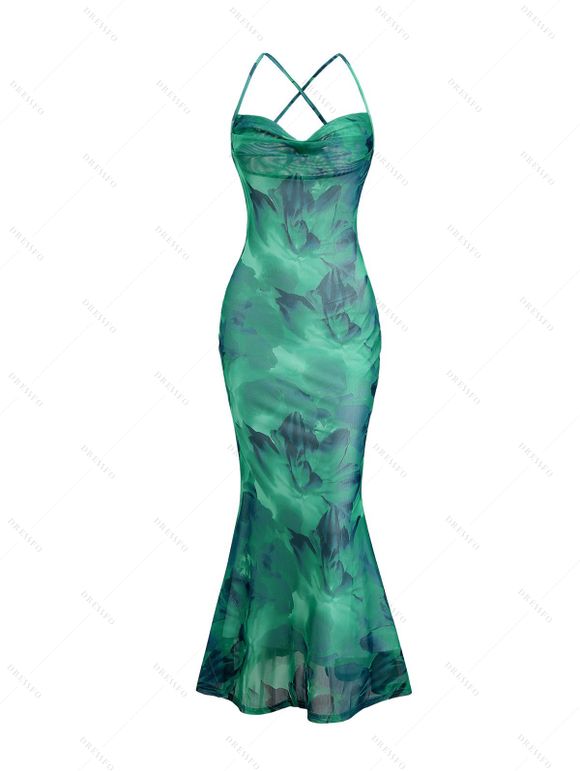 Vacation Dress Ink Wash Floral Print Mesh Cowl Neck Mermaid Slip Dress - Vert XXL | US 14