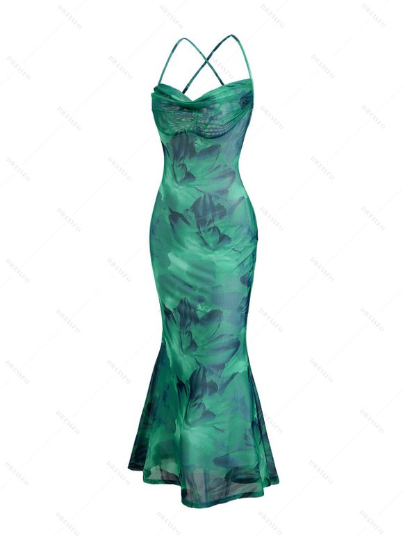Vacation Dress Ink Wash Floral Print Mesh Cowl Neck Mermaid Slip Dress - Vert XXL | US 14