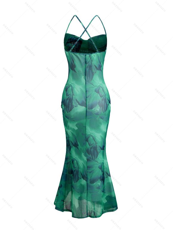 Vacation Dress Ink Wash Floral Print Mesh Cowl Neck Mermaid Slip Dress - Vert XXL | US 14