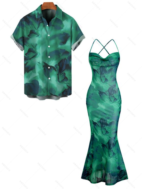 Vacation Couple Outfit Ink Wash Floral Print Mesh Cowl Neck Mermaid Slip Dress and Shirt Set - Vert S | US 4