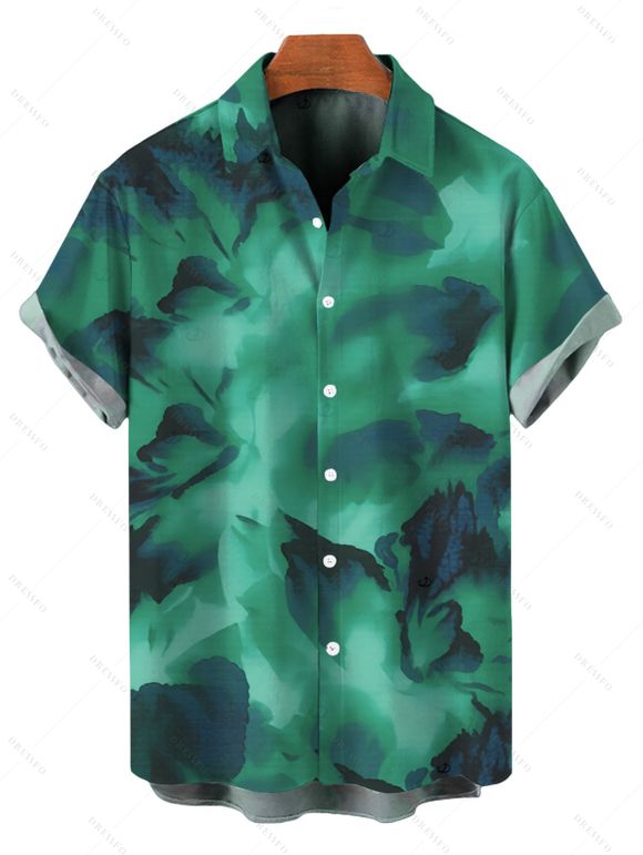 Vacation Couple Outfit Ink Wash Floral Print Mesh Cowl Neck Mermaid Slip Dress and Shirt Set - Vert S | US 4
