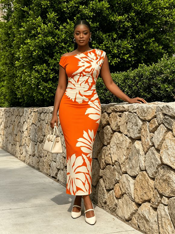 Beach Vacation Dress Palm Leaf Silhouette Print Ruched One Shoulder Bodycon Dress - Orange XL | US 12