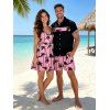 Vacation Style Palm Tree Printed Strapless Dress with Mens Short Sleeve Shirt and Mens Beach Pants Three Piece Set - Rose clair S | US 4