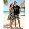 Vacation Style Palm Tree Printed Strapless Dress with Mens Short Sleeve Shirt and Mens Beach Pants Three Piece Set