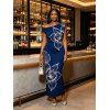Vacation Dress White Line Art Large Floral Print Ruched One Shoulder Bodycon Dress - Bleu profond M | US 6