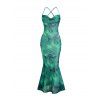 Vacation Dress Ink Wash Floral Print Mesh Cowl Neck Mermaid Slip Dress - Vert XXL | US 14