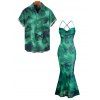 Vacation Couple Outfit Ink Wash Floral Print Mesh Cowl Neck Mermaid Slip Dress and Shirt Set - Vert S | US 4