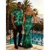 Vacation Couple Outfit Ink Wash Floral Print Mesh Cowl Neck Mermaid Slip Dress and Shirt Set - Vert S | US 4