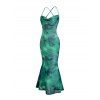 Vacation Couple Outfit Ink Wash Floral Print Mesh Cowl Neck Mermaid Slip Dress and Shirt Set - Vert S | US 4