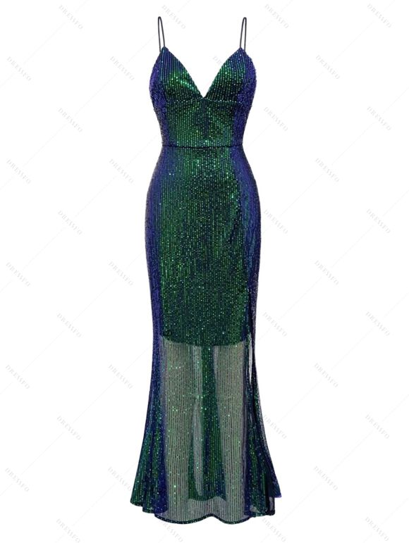 Party Dress Ombre Sequined Ruched See Thru Open Back Plunging Neck Maxi Dress - Vert Foncé XXL | US 12