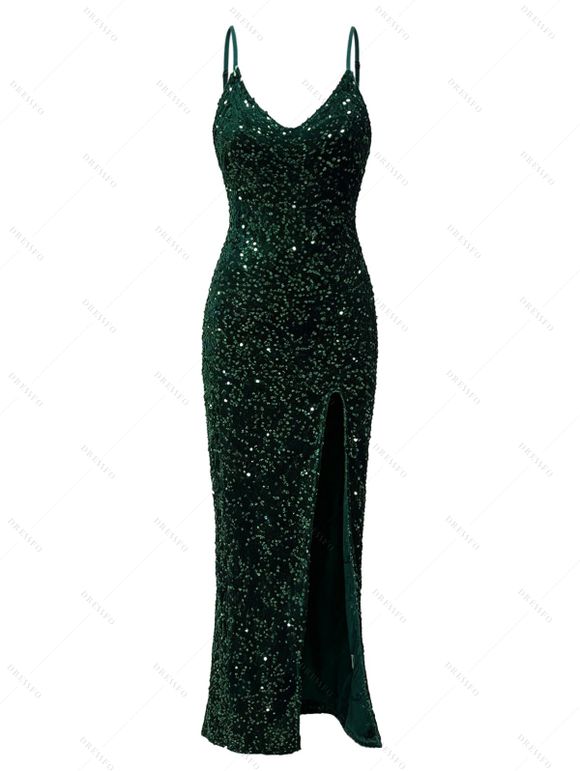 Party Spaghetti Strap Dress Sequined Solid Color High Slit Maxi Prom Dress - Vert Foncé XXL | US 12