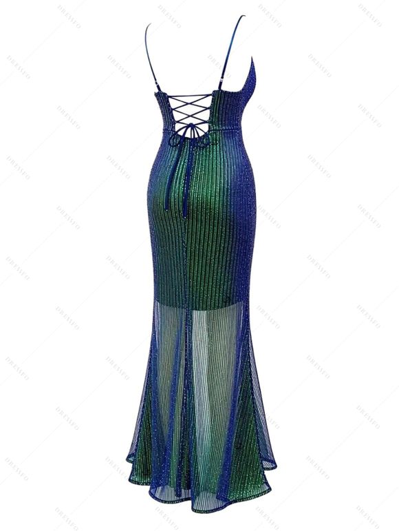 Party Dress Ombre Sequined Ruched See Thru Open Back Plunging Neck Maxi Dress - Vert Foncé XXL | US 12