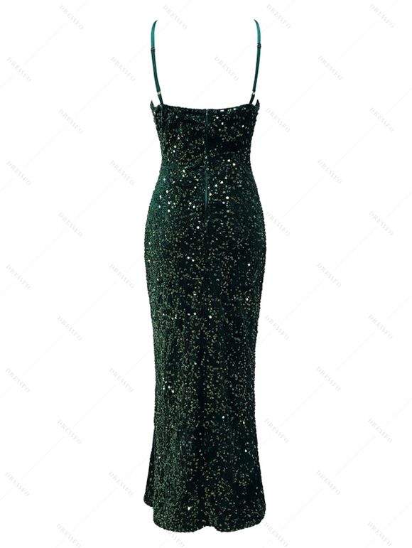 Party Spaghetti Strap Dress Sequined Solid Color High Slit Maxi Prom Dress - Vert Foncé XXL | US 12