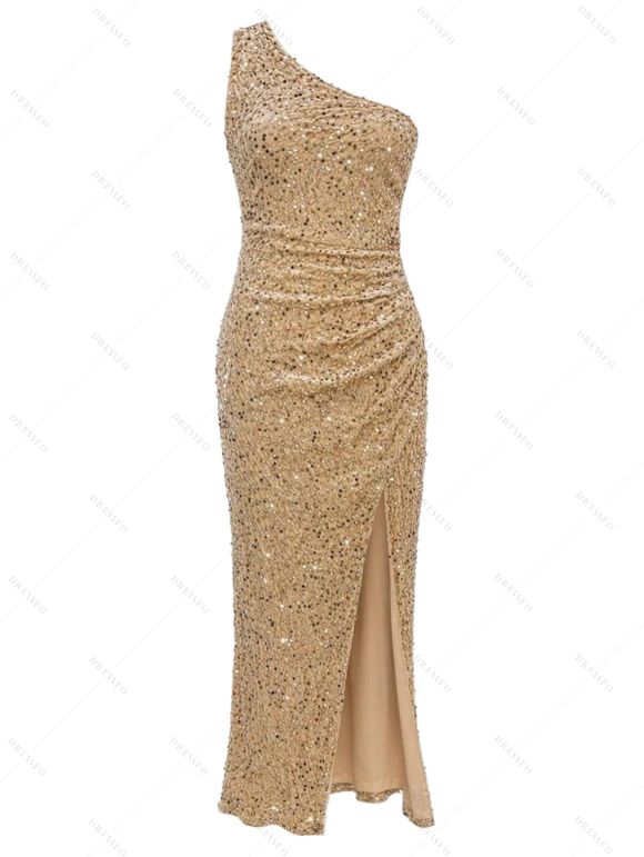 Party Dress Solid Color Sequined Ruched One Shoulder Slit Maxi Prom Dress - d'or XXL | US 12
