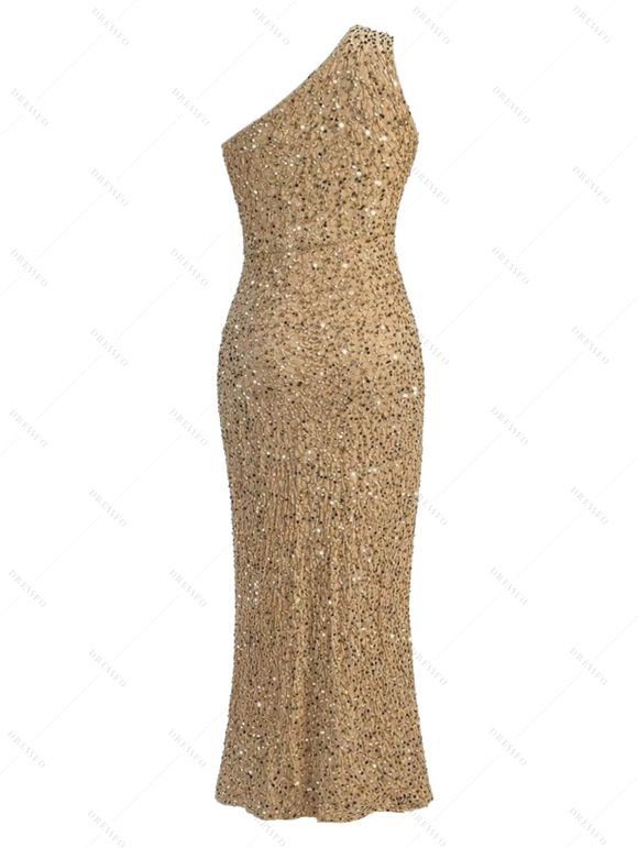 Party Dress Solid Color Sequined Ruched One Shoulder Slit Maxi Prom Dress - d'or XXL | US 12
