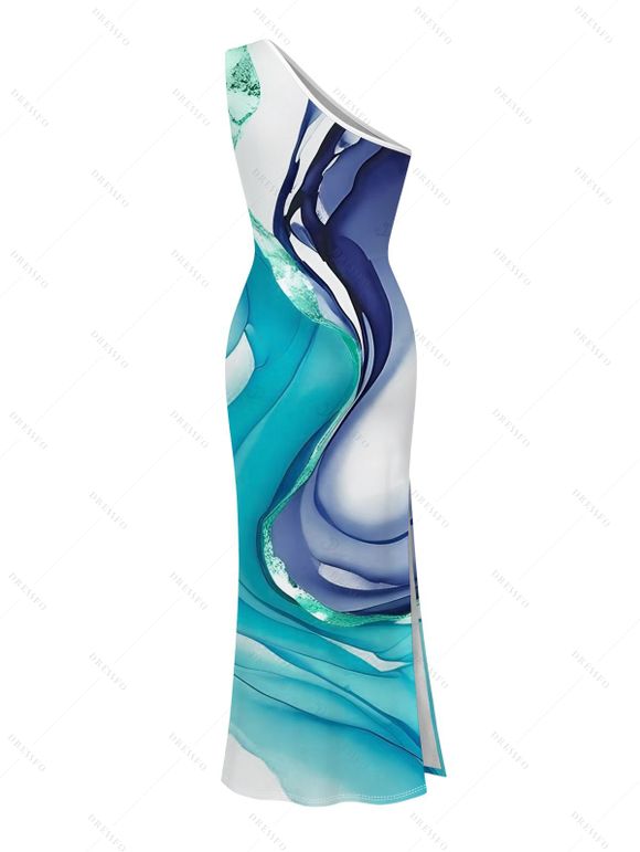 Vacation Dress Ink Wash Fluid Marble Gradient Ripple Print Ruched One Shoulder Mermaid Bodycon Slit Dress - Bleu clair XXL | US 14