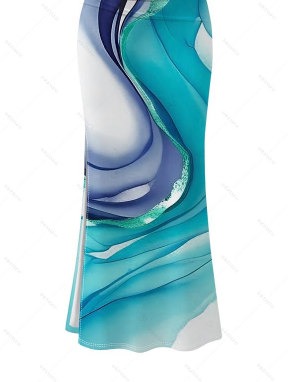 Vacation Dress Ink Wash Fluid Marble Gradient Ripple Print Ruched One Shoulder Mermaid Bodycon Slit Dress - Bleu clair XXL | US 14