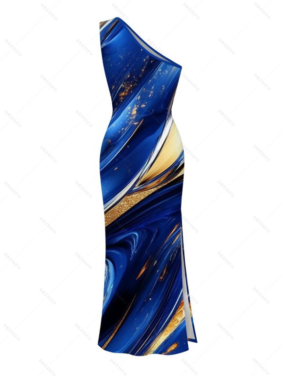 Vacation Dress Gold Foil Fluid Marble Ripple Print Ruched One Shoulder Mermaid Bodycon Slit Party Dress - Bleu profond XXL | US 14