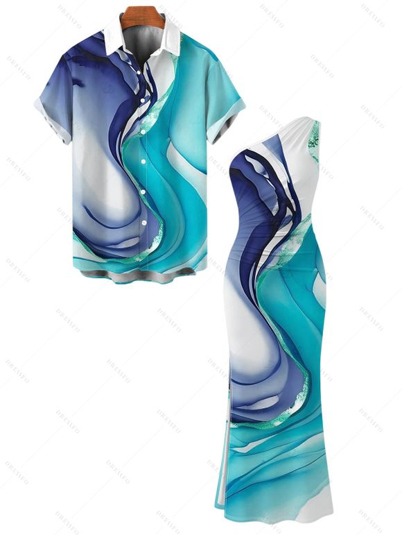 Vacation Couple Outfit Ink Wash Fluid Marble Gradient Ripple Print Ruched One Shoulder Mermaid Bodycon Slit Dress and Shirt Set - Bleu clair S | US 4