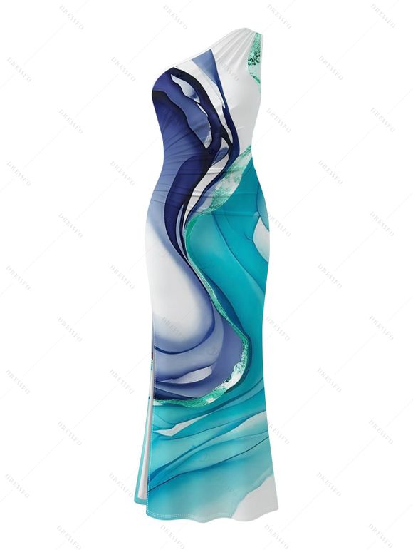 Vacation Couple Outfit Ink Wash Fluid Marble Gradient Ripple Print Ruched One Shoulder Mermaid Bodycon Slit Dress and Shirt Set - Bleu clair S | US 4