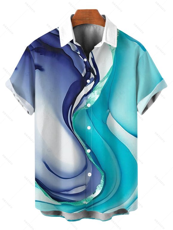Vacation Couple Outfit Ink Wash Fluid Marble Gradient Ripple Print Ruched One Shoulder Mermaid Bodycon Slit Dress and Shirt Set - Bleu clair S | US 4